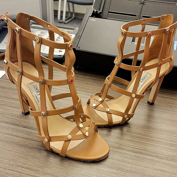Jimmy Choo Caramel Leather Gold Stud Gladiator Caged Shoes 36.5 6.5 - Picture 1 of 6